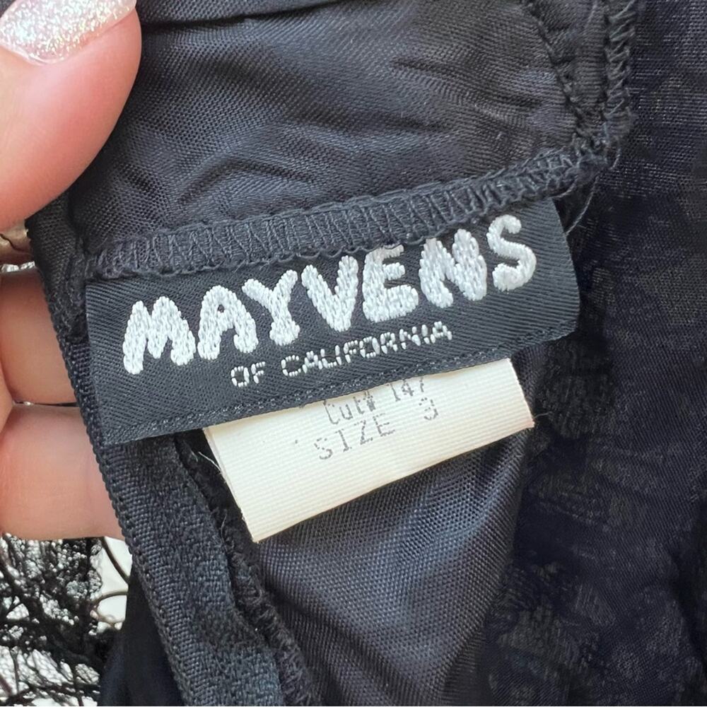 80s Mayvens of California Black Ruched Bodycon Dress Sheer Sequin Puff Sleeve 3 - Picture 5 of 7